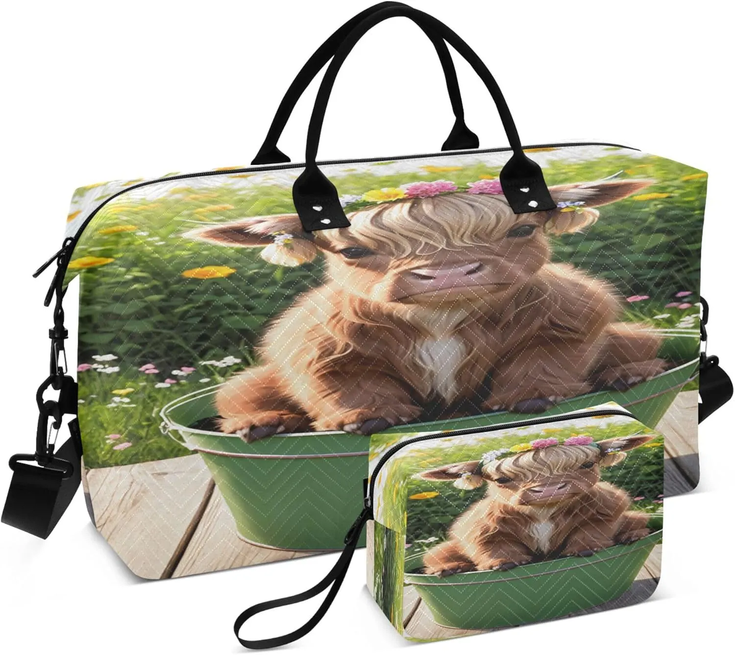 Exnundod Spring Highland Cow Travel Duffel Bags for Women Floral Sports Gym Bag Weekender Carry On Tote Overnight Luggage Duffle Bags