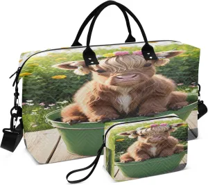Exnundod Spring Highland Cow Travel Duffel Bags for Women Floral Sports Gym Bag Weekender Carry On Tote Overnight Luggage Duffle Bags