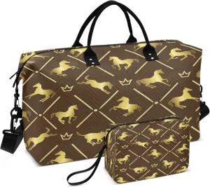 Exnundod Travel Duffel Bags Golden Racing Horses Sports Gym Bag Weekender Carry On Tote Overnight Luggage Bags for Women and Men