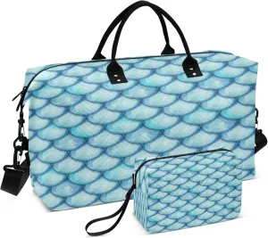 Exnundod Watercolor Nautical Fish Scales Travel Duffel Bags for Women Sports Gym Bag Weekender Carry On Tote Overnight Luggage Duffle Bags