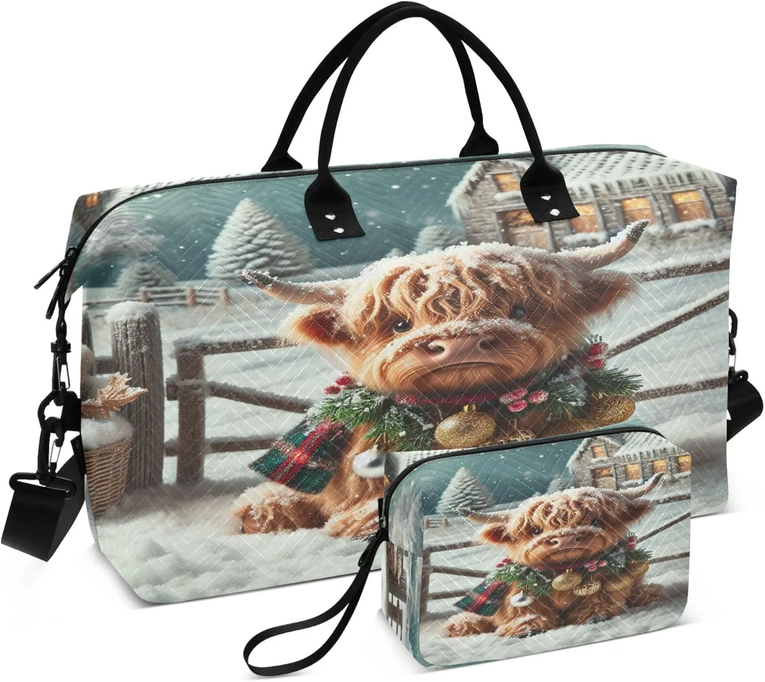 Exnundod Winter Highland Cow Travel Duffel Bags for Women Snowy Landscape Sports Gym Bag Weekender Carry On Tote Overnight Luggage Duffle Bags