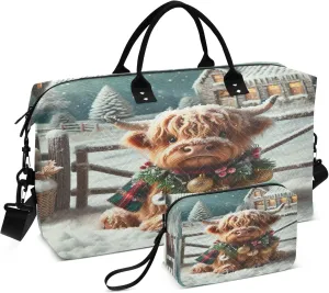 Exnundod Winter Highland Cow Travel Duffel Bags for Women Snowy Landscape Sports Gym Bag Weekender Carry On Tote Overnight Luggage Duffle Bags