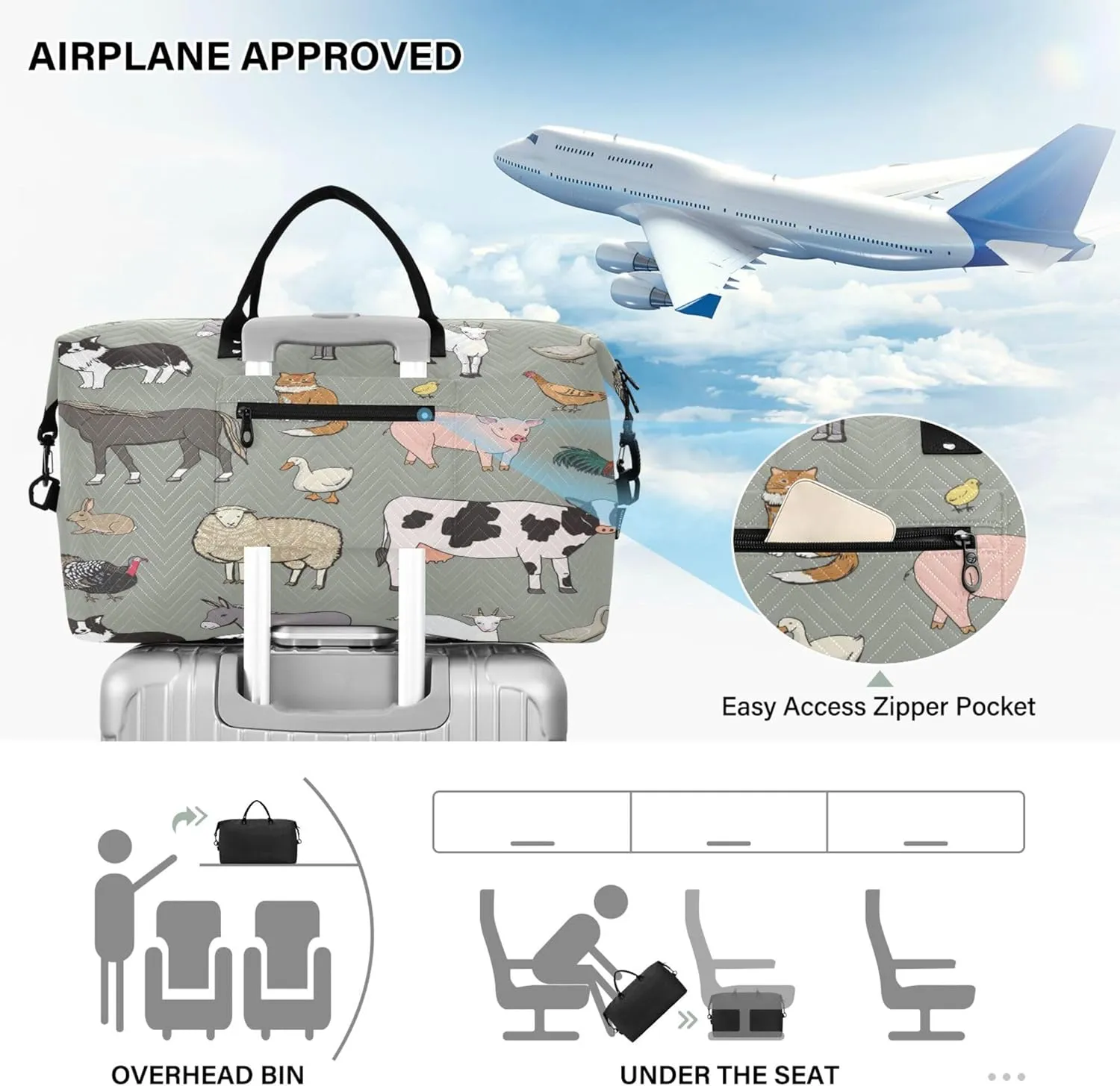 Exnundod Women Weekender Bags Country Farm Livestock Travel Duffel Bags Carry On Overnight Bag Cow Pig Sheep Large Hospital Tote Luggage