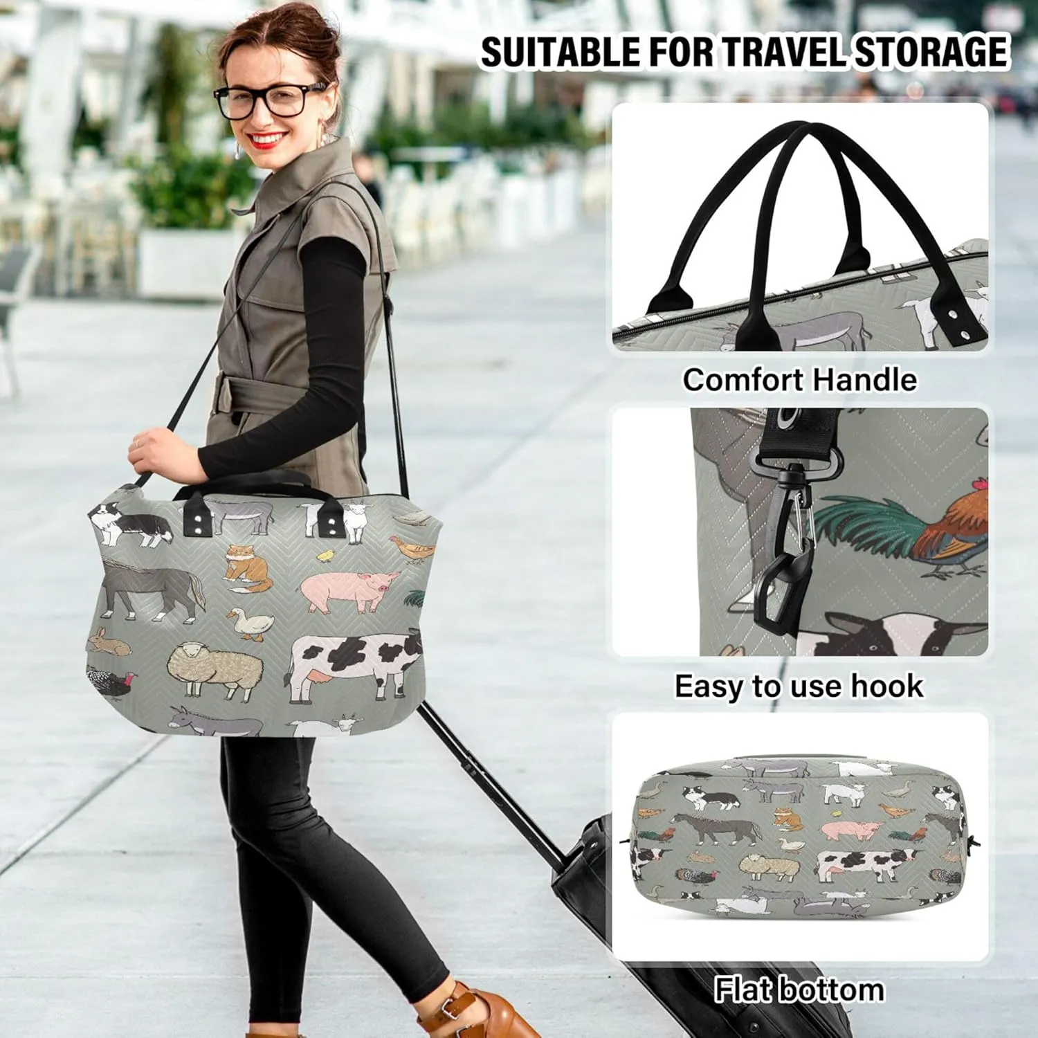 Exnundod Women Weekender Bags Country Farm Livestock Travel Duffel Bags Carry On Overnight Bag Cow Pig Sheep Large Hospital Tote Luggage