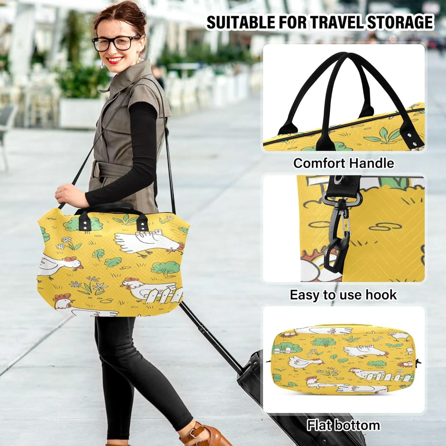 Exnundod Women Weekender Bags Doodle Cute Chickens Eggs Travel Duffel Bags Carry On Overnight Bag Large Hospital Tote Luggage