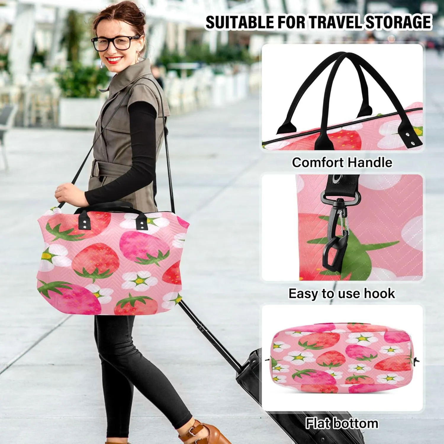 Exnundod Women Weekender Bags Flower with Strawberry Fruit Travel Duffel Bags Carry On Overnight Bag Watercolor Large Hospital Tote Luggage