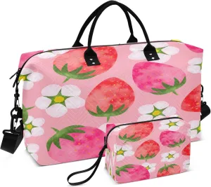 Exnundod Women Weekender Bags Flower with Strawberry Fruit Travel Duffel Bags Carry On Overnight Bag Watercolor Large Hospital Tote Luggage