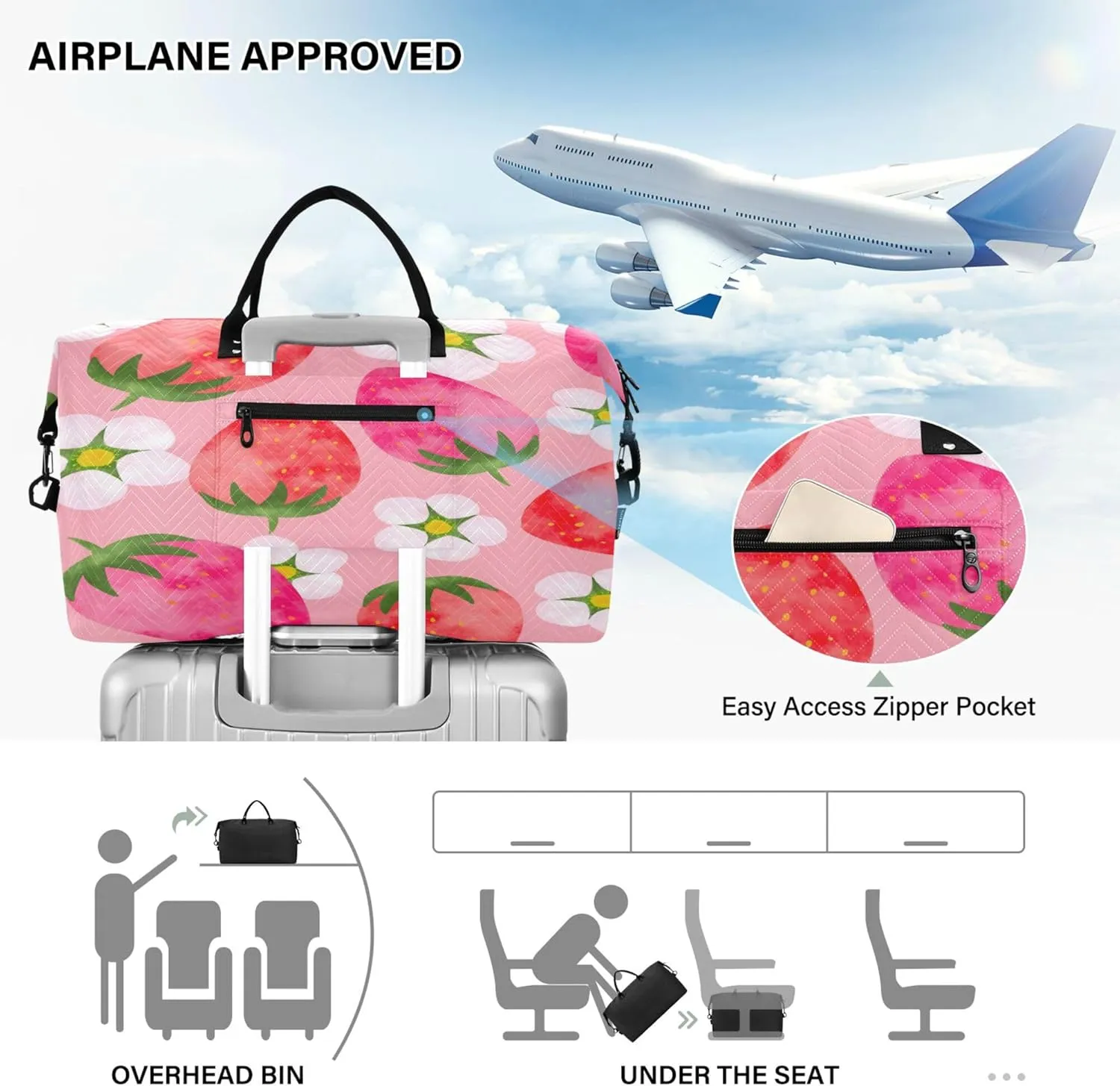 Exnundod Women Weekender Bags Flower with Strawberry Fruit Travel Duffel Bags Carry On Overnight Bag Watercolor Large Hospital Tote Luggage