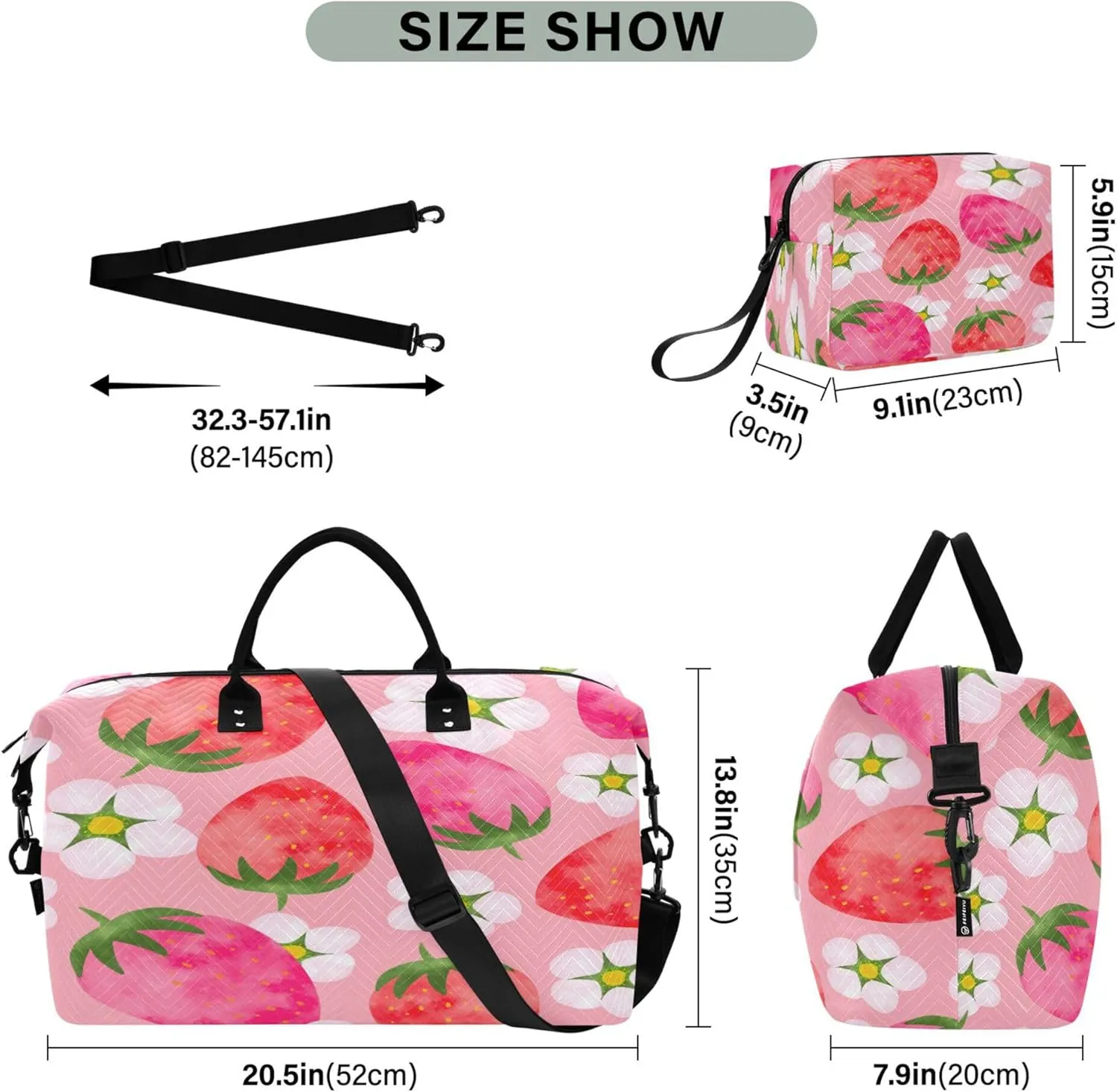 Exnundod Women Weekender Bags Flower with Strawberry Fruit Travel Duffel Bags Carry On Overnight Bag Watercolor Large Hospital Tote Luggage