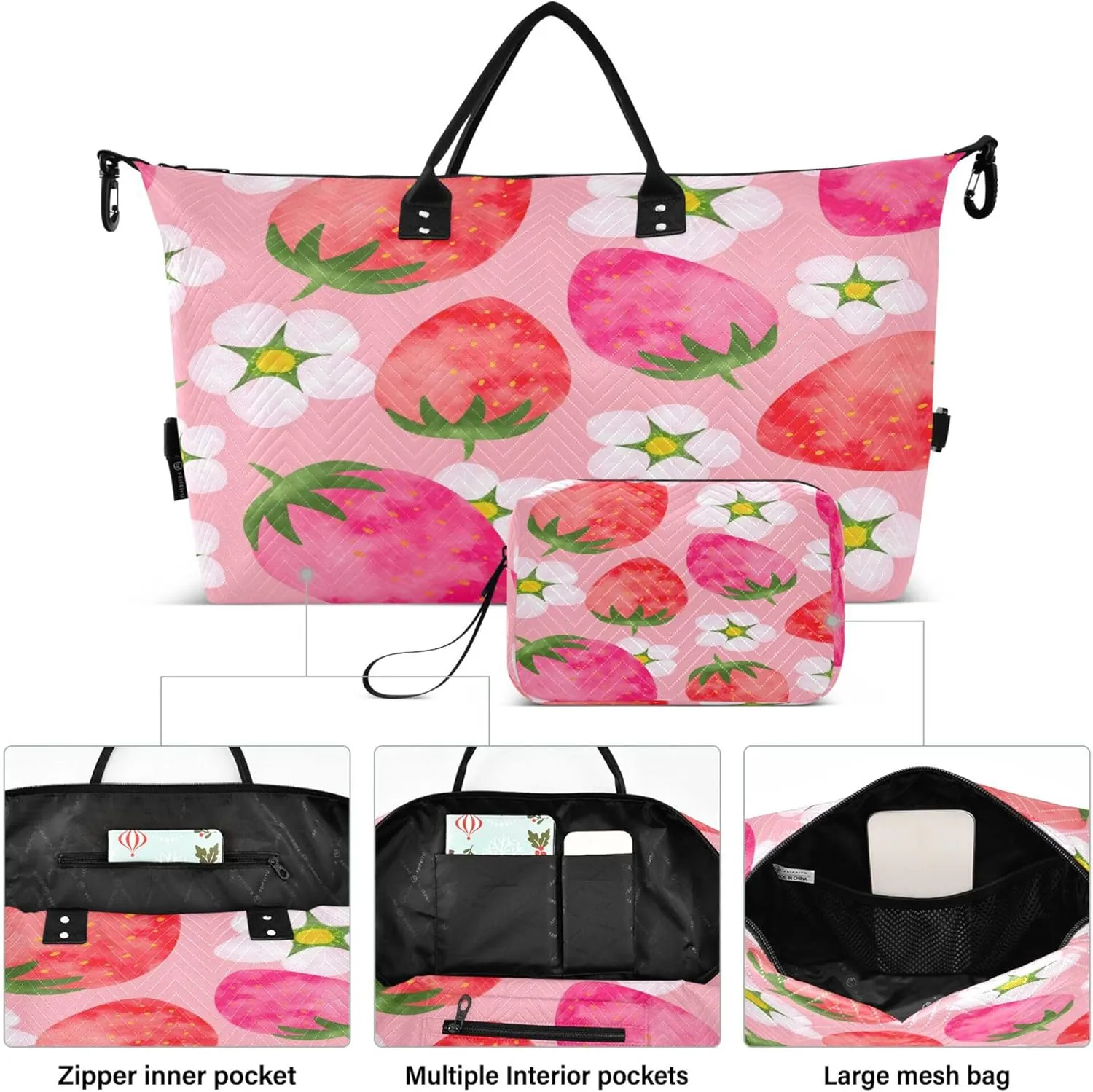 Exnundod Women Weekender Bags Flower with Strawberry Fruit Travel Duffel Bags Carry On Overnight Bag Watercolor Large Hospital Tote Luggage