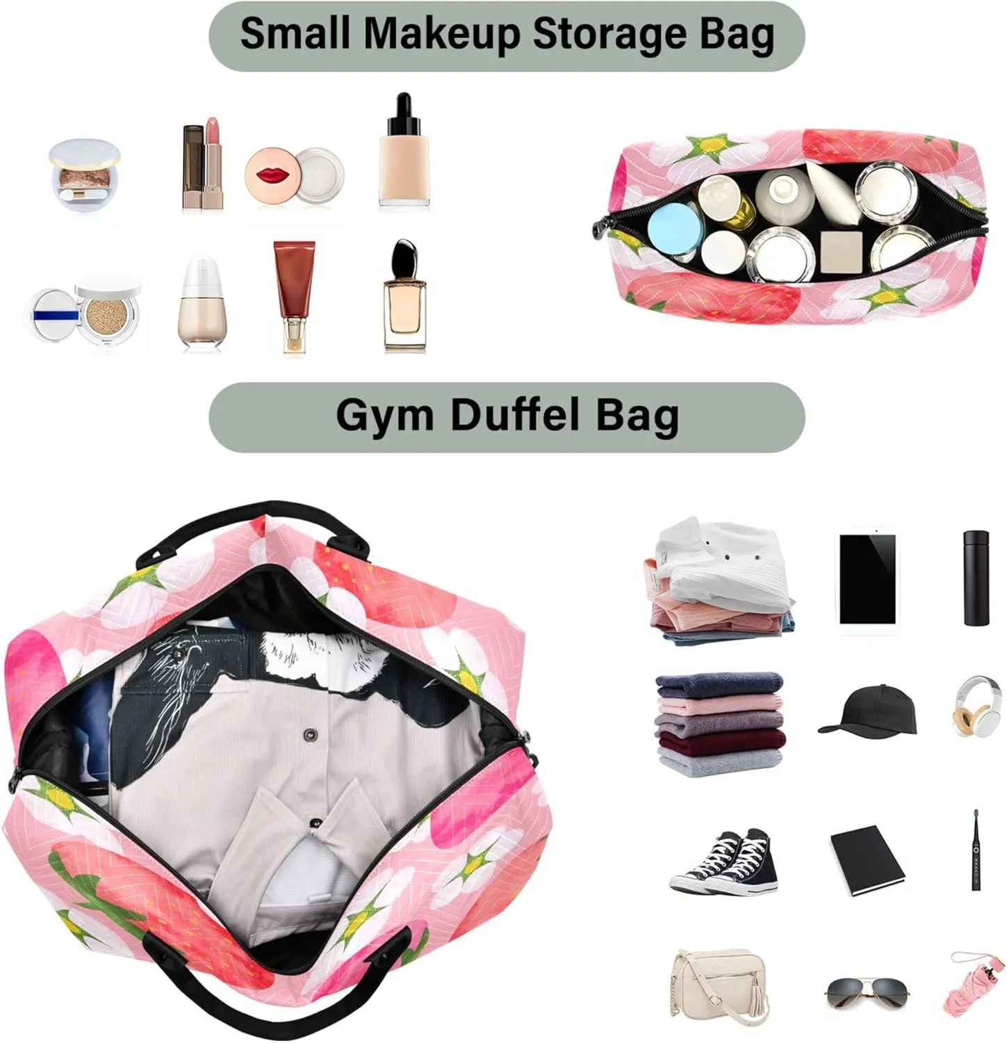 Exnundod Women Weekender Bags Flower with Strawberry Fruit Travel Duffel Bags Carry On Overnight Bag Watercolor Large Hospital Tote Luggage
