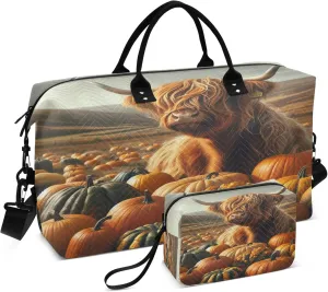Exnundod Women Weekender Bags Highland Cow Harvest Fall Travel Duffel Bags Carry On Overnight Bag Autumn Pumpkins Large Hospital Tote Luggage