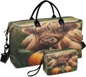 Exnundod Women Weekender Bags Highland Cow with Pumpkin Travel Duffel Bags Carry On Overnight Bag Large Hospital Tote Luggage