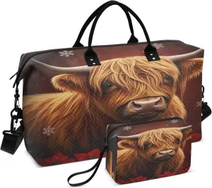 Exnundod Women Weekender Bags Red Flowers with Highland Cow Travel Duffel Bags Carry On Overnight Bag Christmas Snowflake Large Hospital Tote Luggage