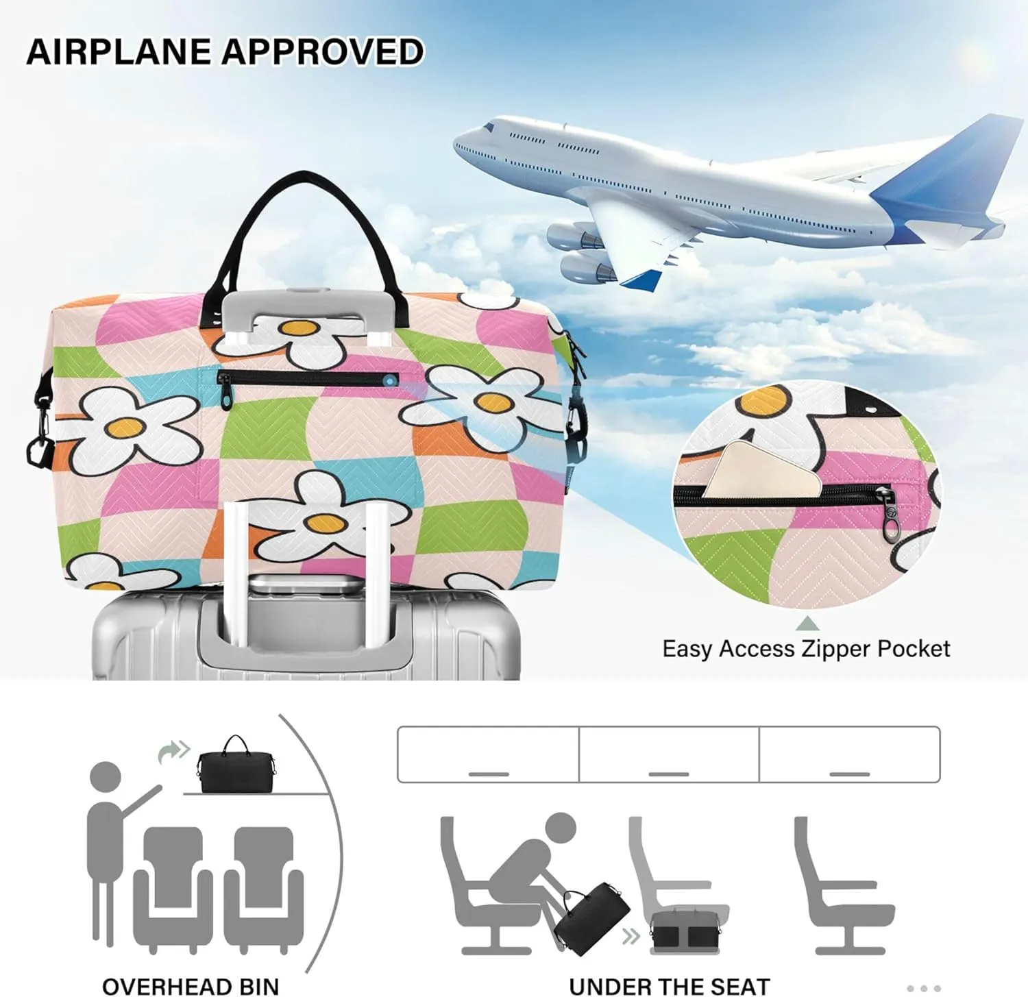 Exnundod Women Weekender Bags Summer Groovy Floral Pattern Travel Duffel Bags Carry On Overnight Bag Checkered Large Hospital Tote Luggage