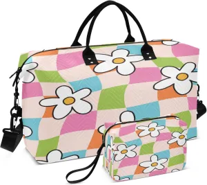 Exnundod Women Weekender Bags Summer Groovy Floral Pattern Travel Duffel Bags Carry On Overnight Bag Checkered Large Hospital Tote Luggage