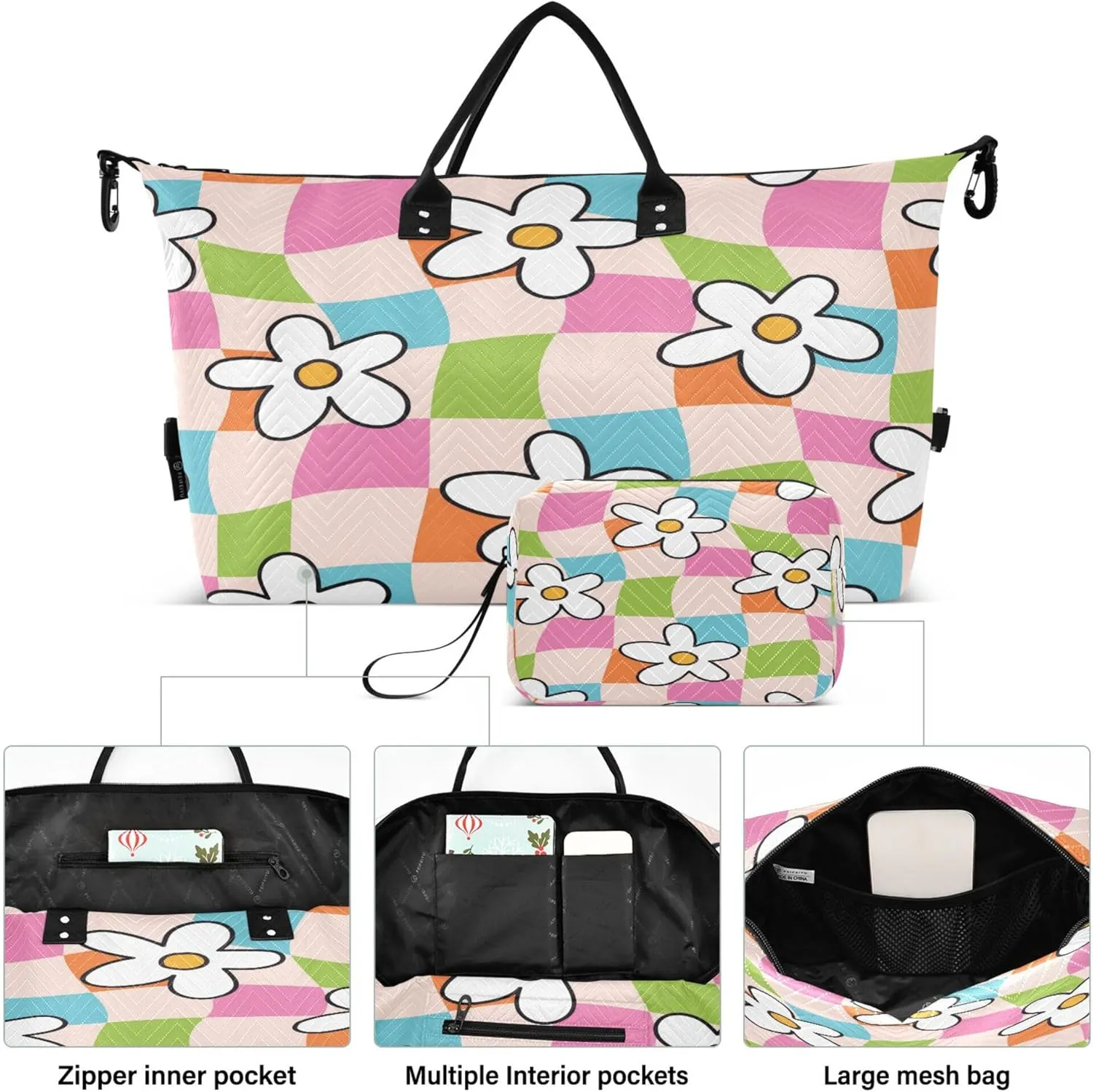 Exnundod Women Weekender Bags Summer Groovy Floral Pattern Travel Duffel Bags Carry On Overnight Bag Checkered Large Hospital Tote Luggage