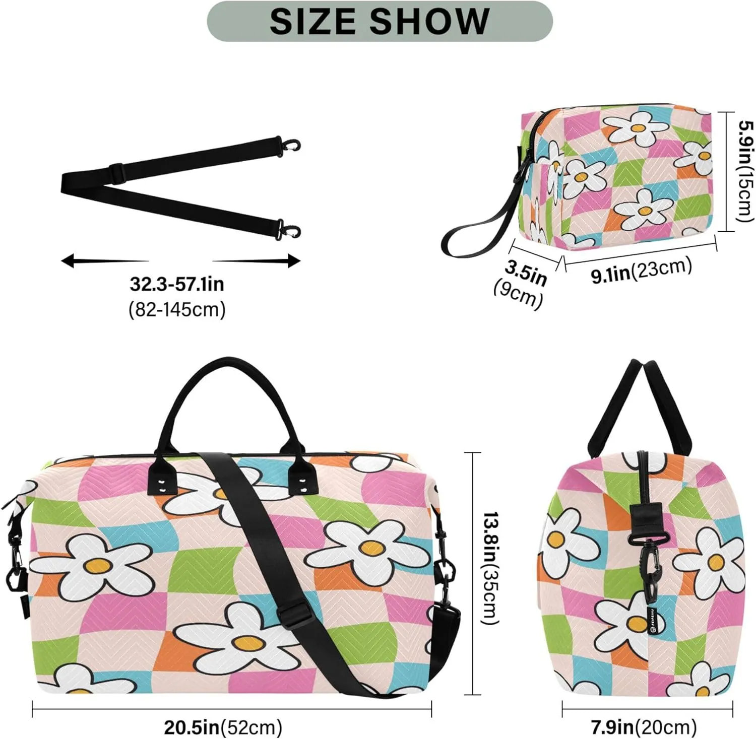 Exnundod Women Weekender Bags Summer Groovy Floral Pattern Travel Duffel Bags Carry On Overnight Bag Checkered Large Hospital Tote Luggage