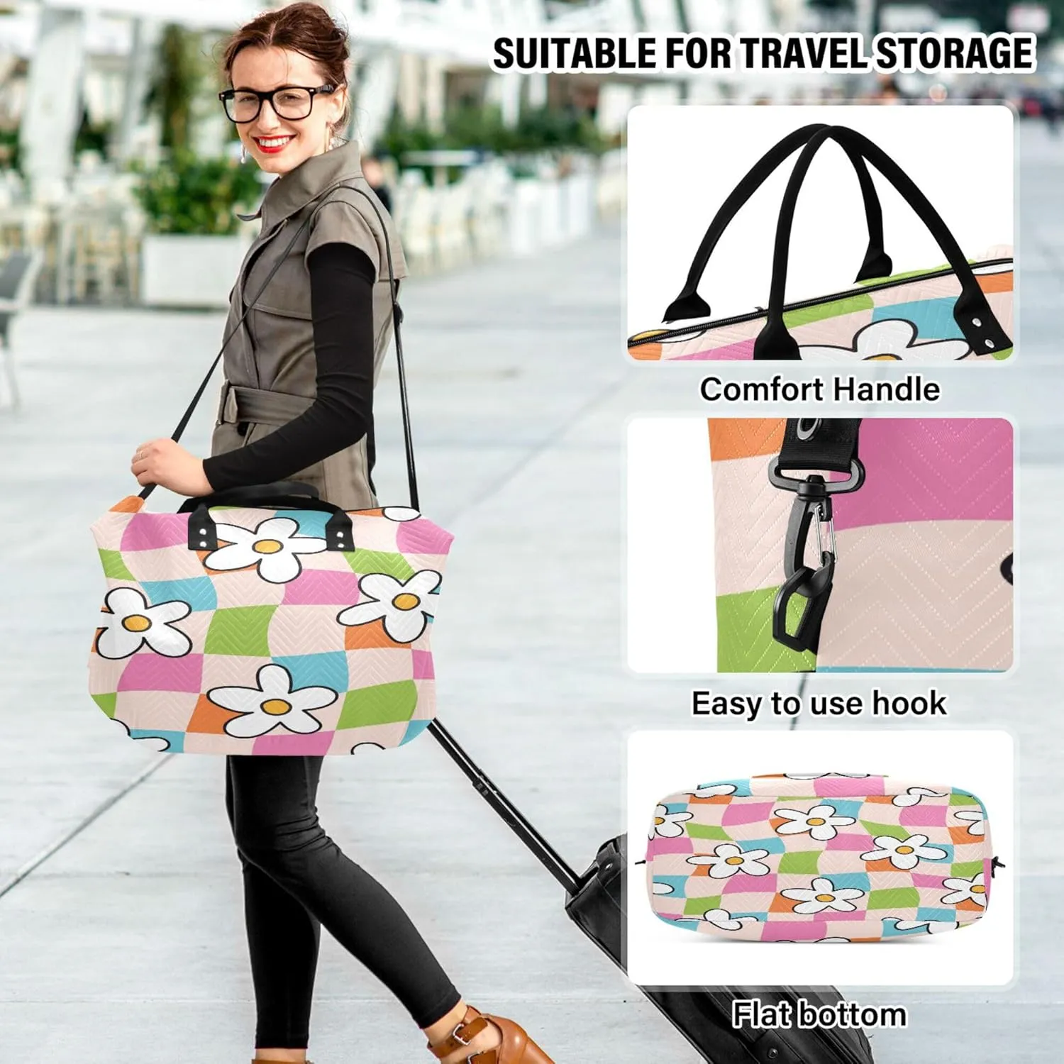 Exnundod Women Weekender Bags Summer Groovy Floral Pattern Travel Duffel Bags Carry On Overnight Bag Checkered Large Hospital Tote Luggage