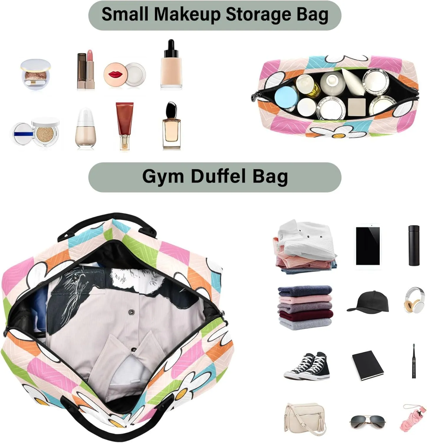 Exnundod Women Weekender Bags Summer Groovy Floral Pattern Travel Duffel Bags Carry On Overnight Bag Checkered Large Hospital Tote Luggage