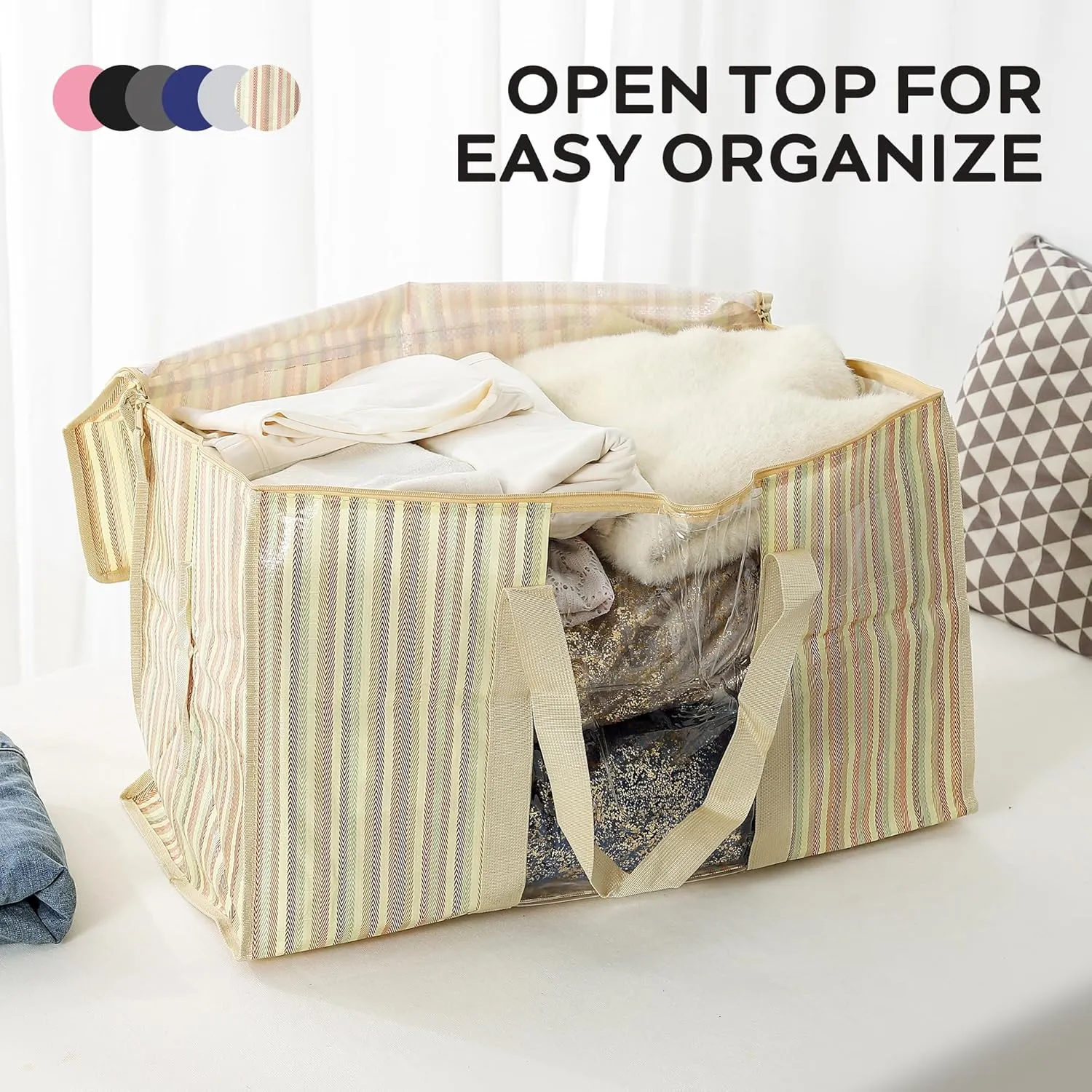 Extra Large Storage Bags with Visible Window, 6 Pack Heavy Duty Striped Moving Totes for Space Saving, Wrap Around Handles - Alternative to Boxes & Bins