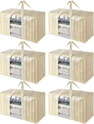 Extra Large Storage Bags with Visible Window, 6 Pack Heavy Duty Striped Moving Totes for Space Saving, Wrap Around Handles - Alternative to Boxes & Bins
