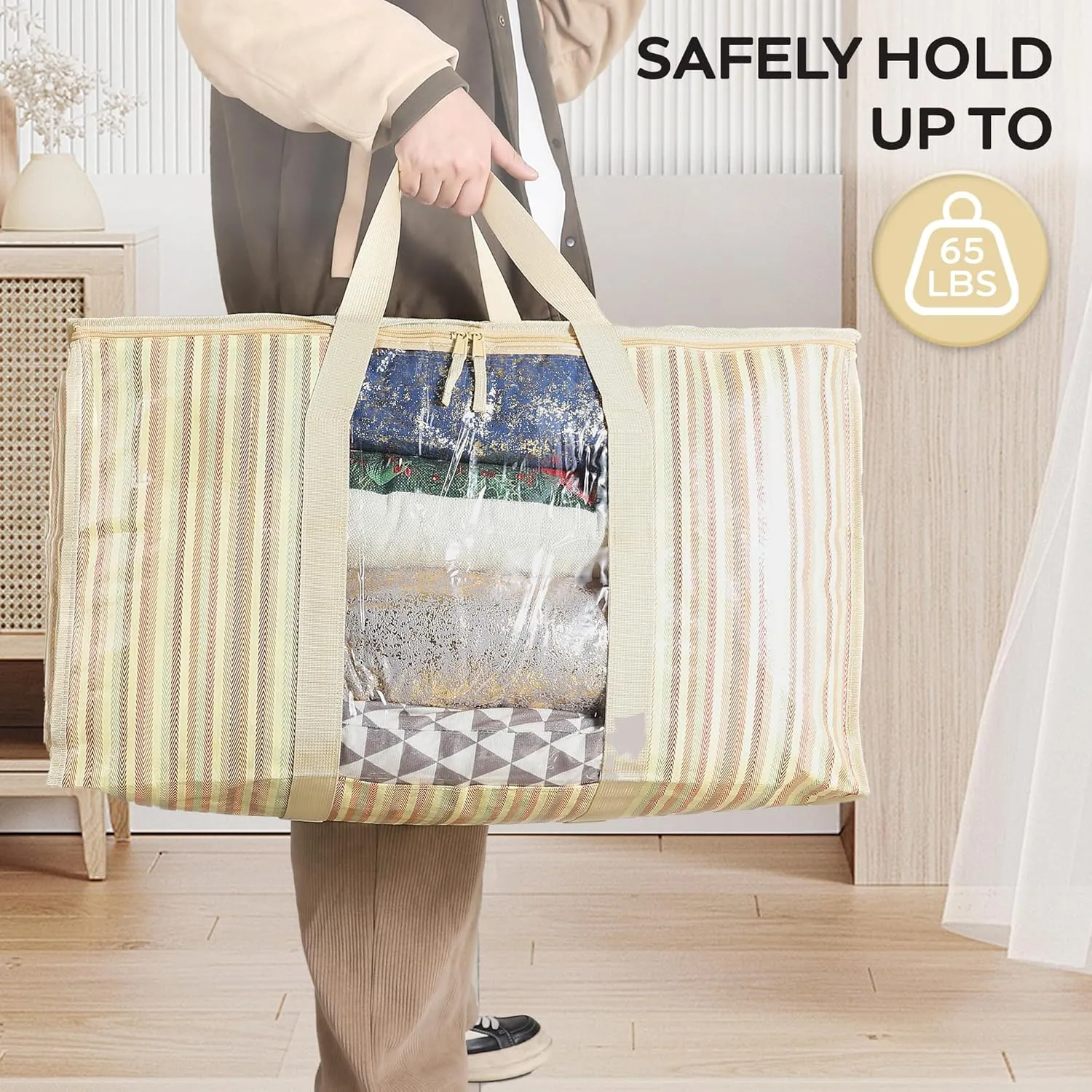 Extra Large Storage Bags with Visible Window, 6 Pack Heavy Duty Striped Moving Totes for Space Saving, Wrap Around Handles - Alternative to Boxes & Bins