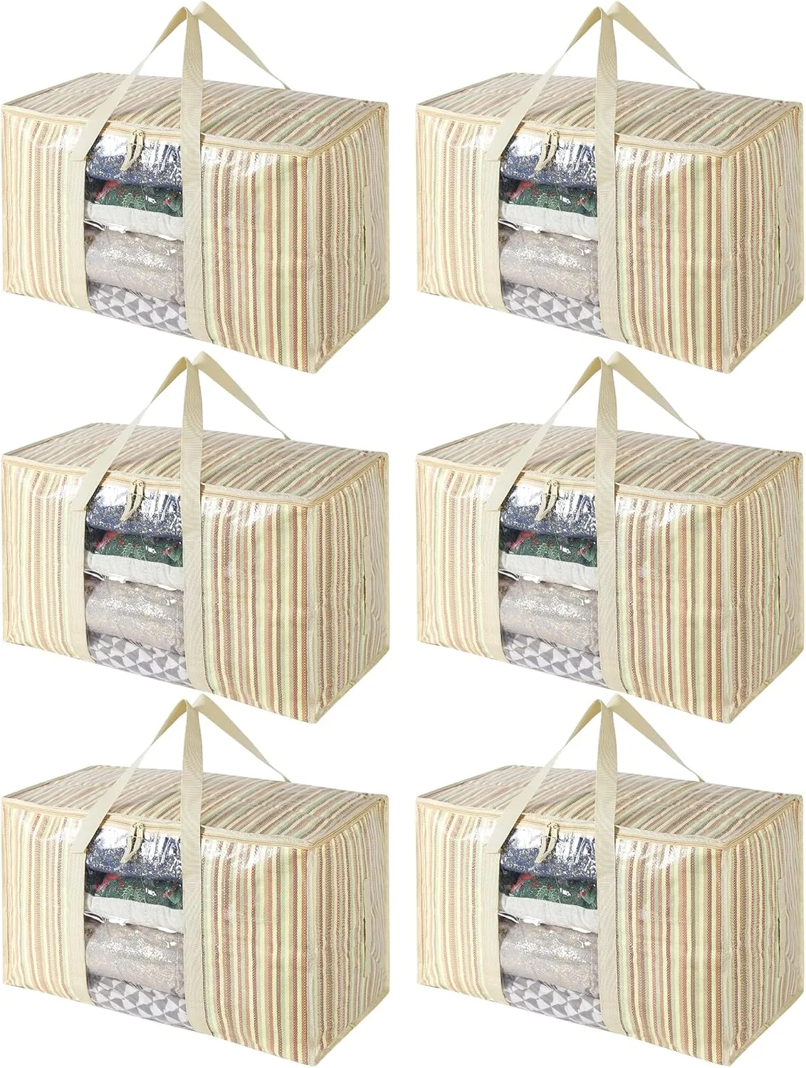 Extra Large Storage Bags with Visible Window, 6 Pack Heavy Duty Striped Moving Totes for Space Saving, Wrap Around Handles - Alternative to Boxes & Bins