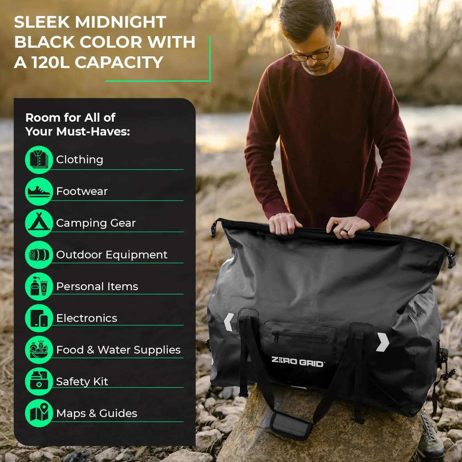 Extra Large Waterproof Duffel Bag - Heavy-Duty Duffle Dry Bag with Welded Seams & Rfid Pockets - Roll Top XL Duffel Bags for Traveling, Camping, Kayaking, Fishing, Canoeing, Boating - 120L, Black