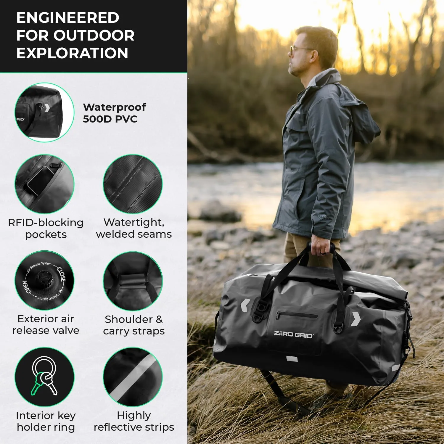 Extra Large Waterproof Duffel Bag - Heavy-Duty Duffle Dry Bag with Welded Seams & Rfid Pockets - Roll Top XL Duffel Bags for Traveling, Camping, Kayaking, Fishing, Canoeing, Boating - 120L, Black