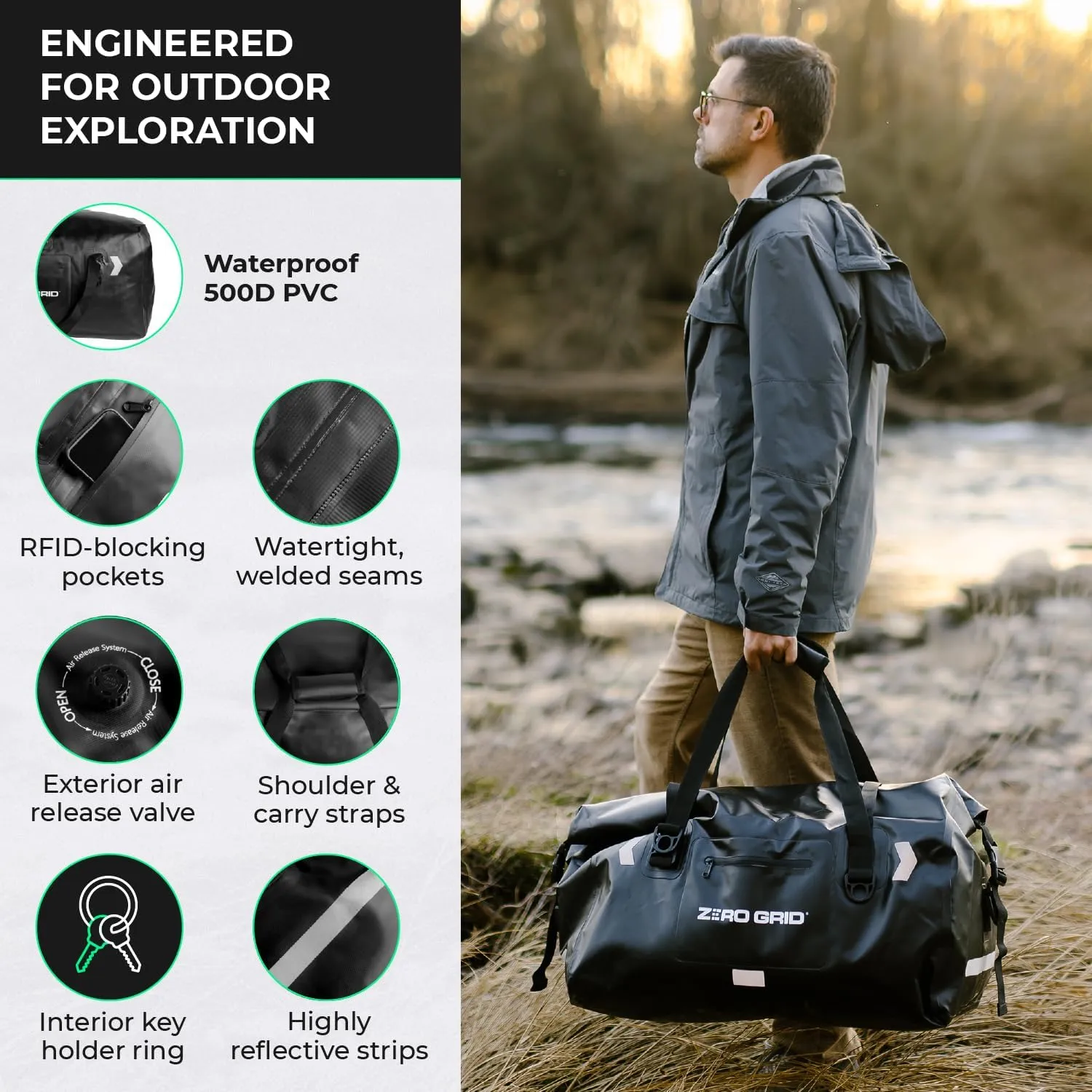 Extra Large Waterproof Duffel Bag - Heavy-Duty Duffle Dry Bag with Welded Seams & Rfid Pockets - Roll Top XL Duffel Bags for Traveling, Camping, Kayaking, Fishing, Canoeing, Boating - 90L, Black