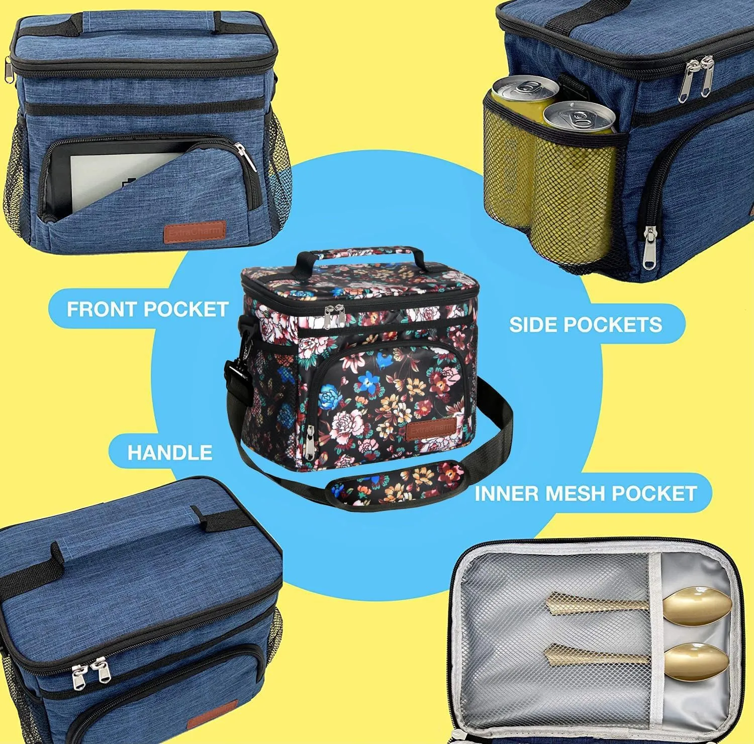ExtraCharm Insulated Lunch Bag for Women/Men-Reusable Lunch Box for Office Picnic Hiking Beach-Leakproof Cooler Tote Bag Organizer with Adjustable Shoulder Strap for Adults-Floral Foliage