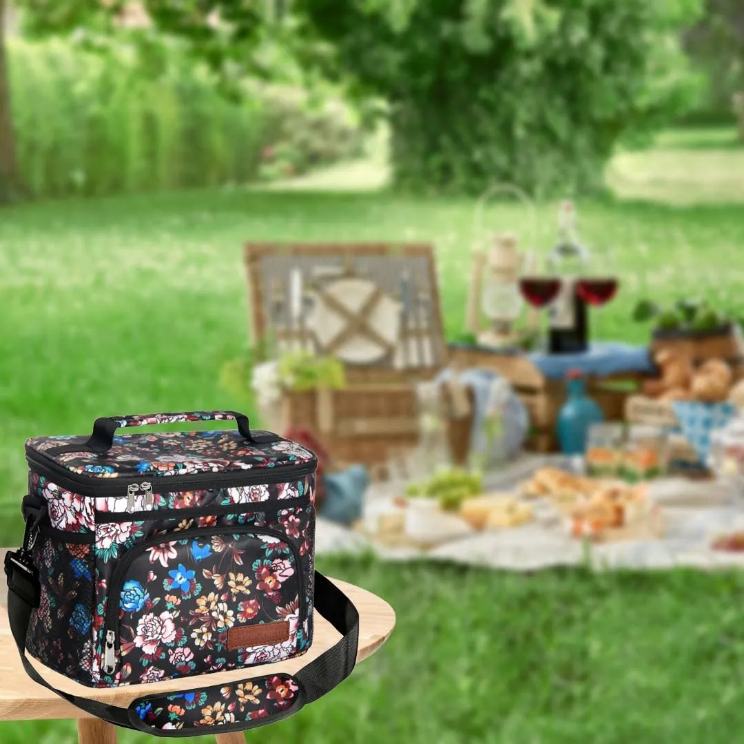 ExtraCharm Insulated Lunch Bag for Women/Men-Reusable Lunch Box for Office Picnic Hiking Beach-Leakproof Cooler Tote Bag Organizer with Adjustable Shoulder Strap for Adults-Floral Foliage