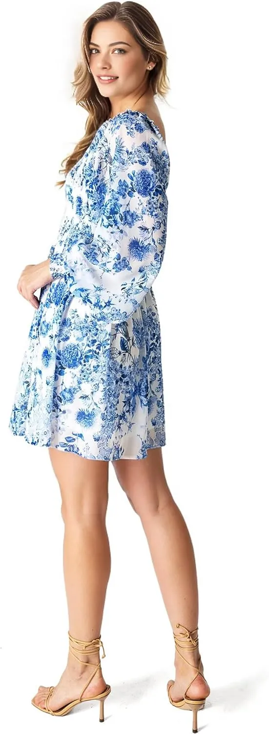 Eyelet Lace Babydoll Dress - Short Ruffle Sleeves V Neck Cute Bohemian Dress