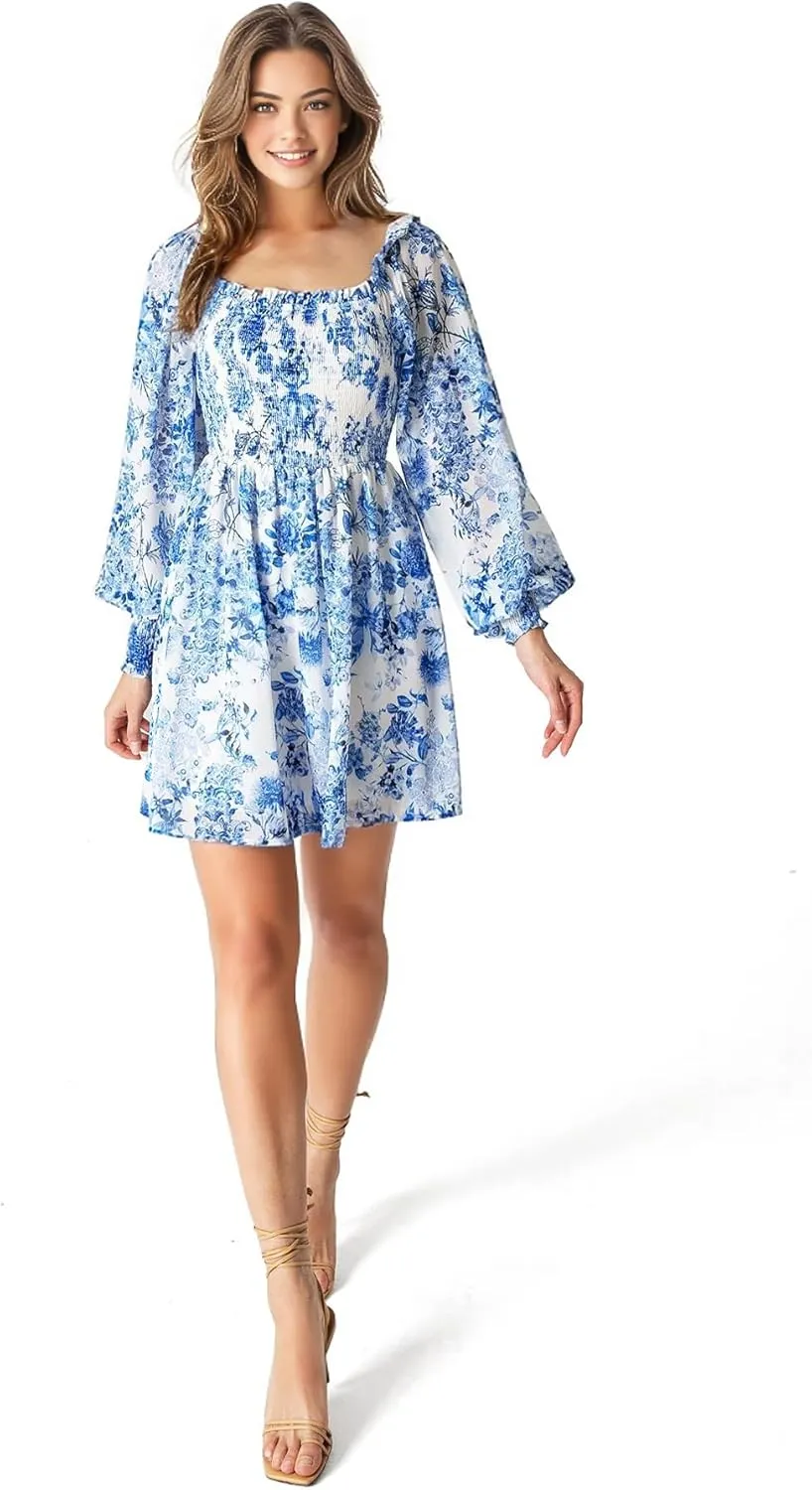 Eyelet Lace Babydoll Dress - Short Ruffle Sleeves V Neck Cute Bohemian Dress