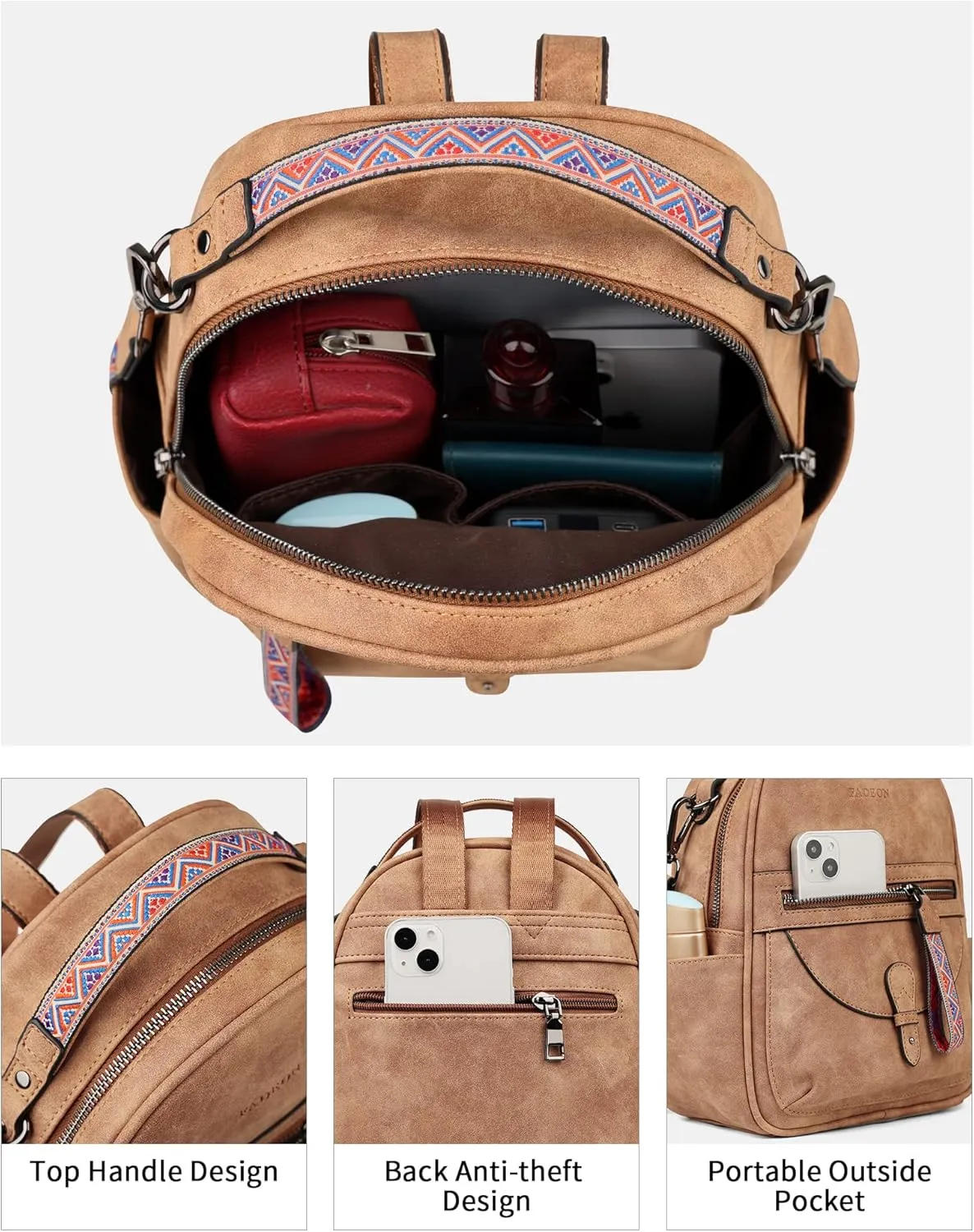 FADEON Mini Backpack Purse for Women, Designer Leather Cute Roomly Small Backpacks, Ladies Shoulder Backpack Fashion Handbag