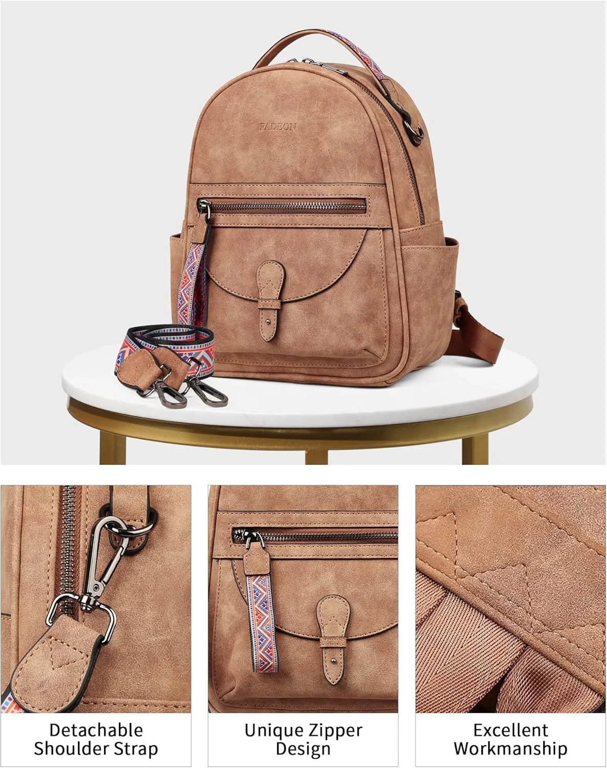 FADEON Mini Backpack Purse for Women, Designer Leather Cute Roomly Small Backpacks, Ladies Shoulder Backpack Fashion Handbag