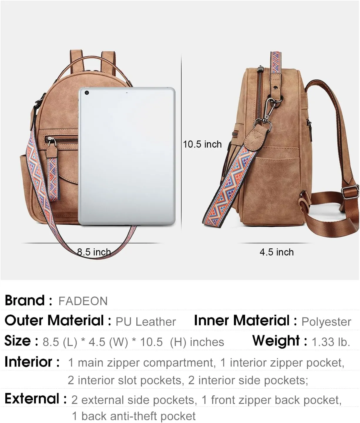 FADEON Mini Backpack Purse for Women, Designer Leather Cute Roomly Small Backpacks, Ladies Shoulder Backpack Fashion Handbag