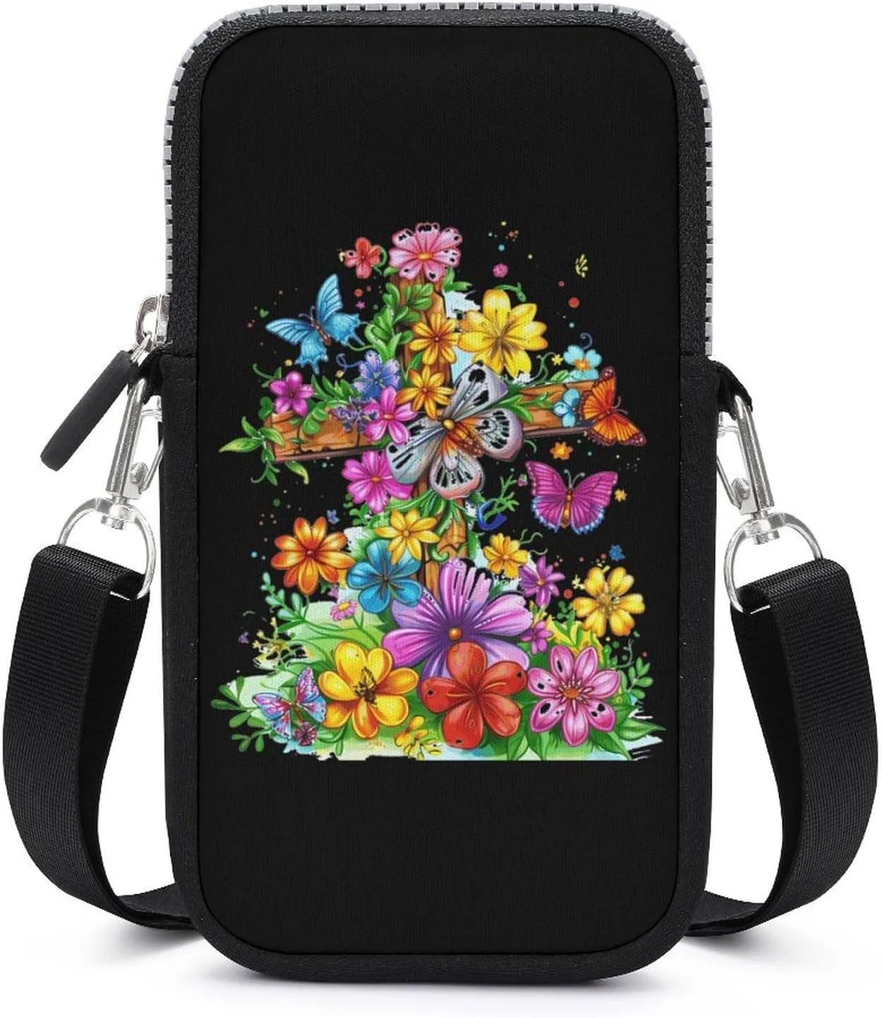 Faith-Cross Floral Butterflies Flowers Crossbody Phone Bag Mini Shoulder Bag Cute Cell Phone Purse for Men Women