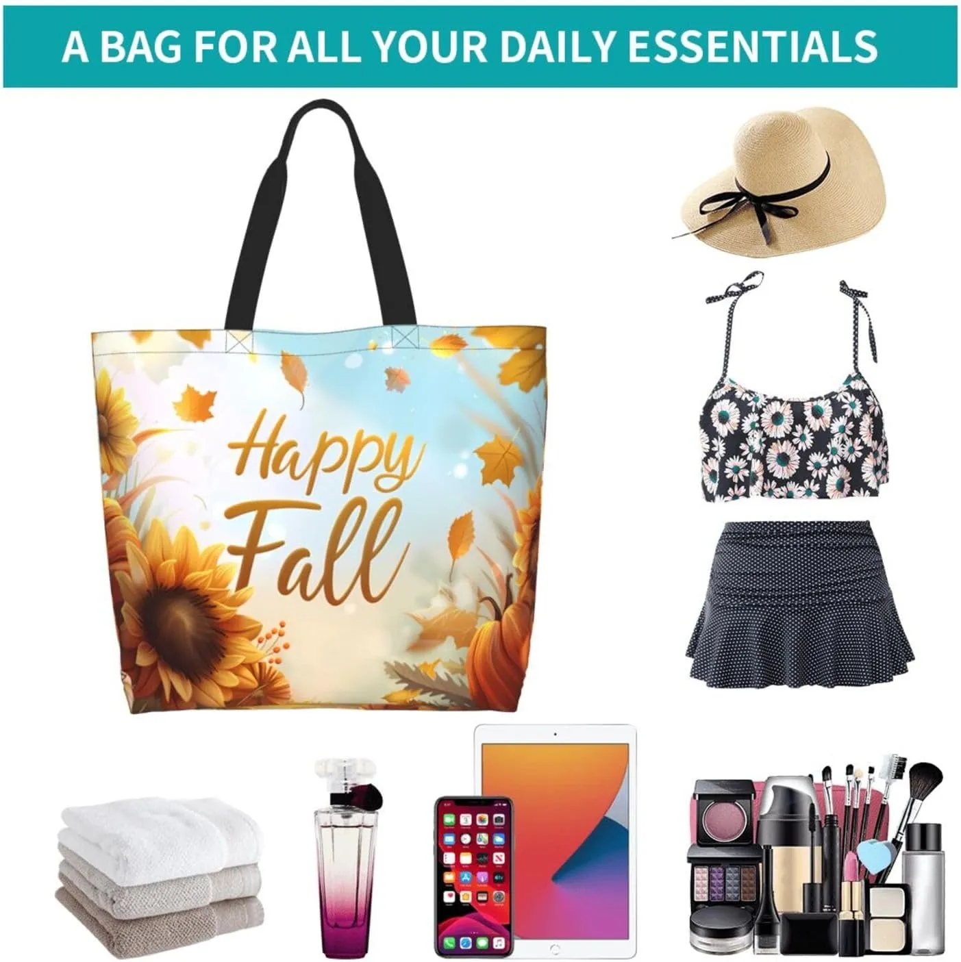 Fall Large Tote Bag Maple Leaf Pumpkin Thanksgiving Day Reusable Shoulder Tote Travel Bags