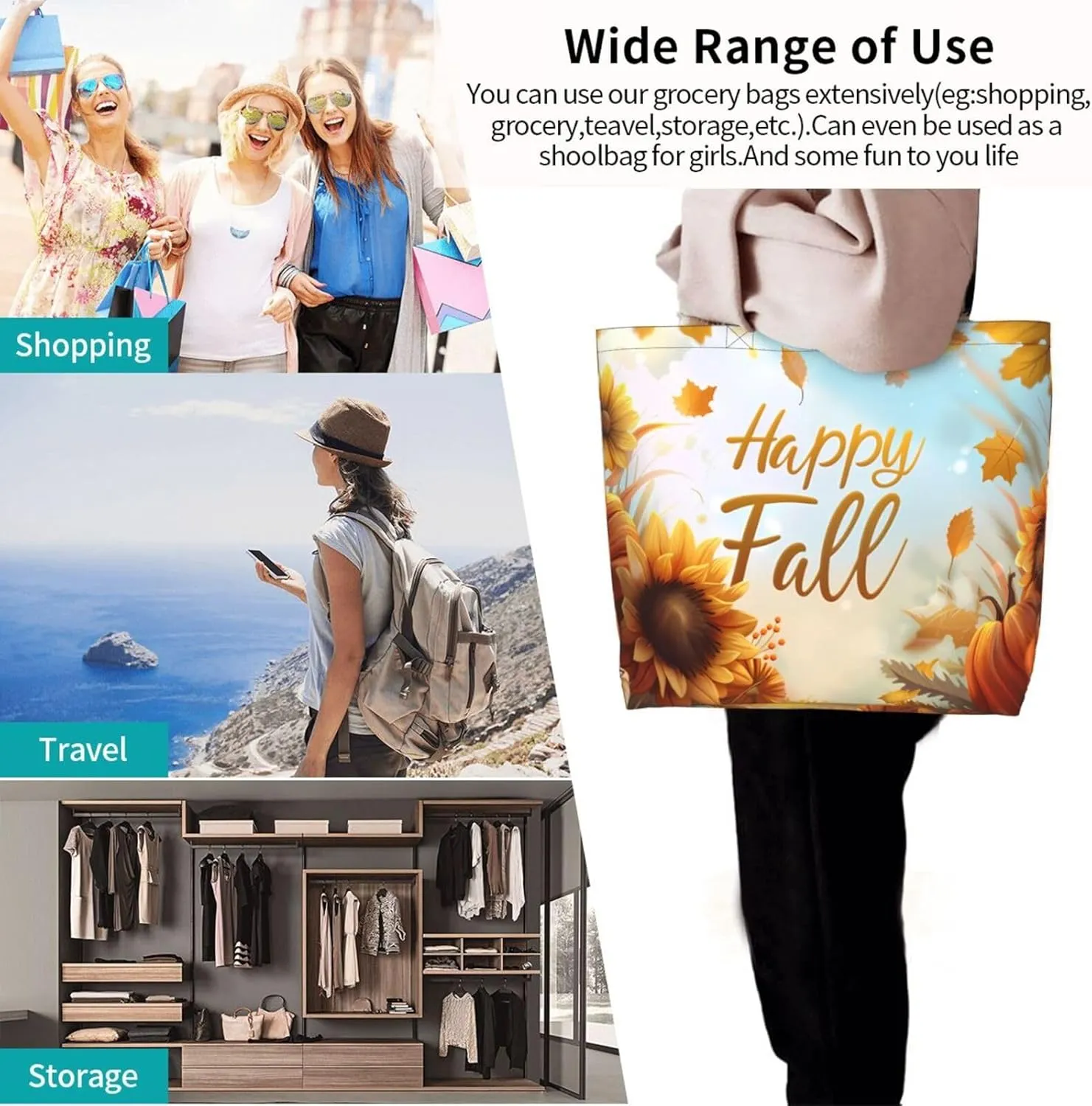 Fall Large Tote Bag Maple Leaf Pumpkin Thanksgiving Day Reusable Shoulder Tote Travel Bags