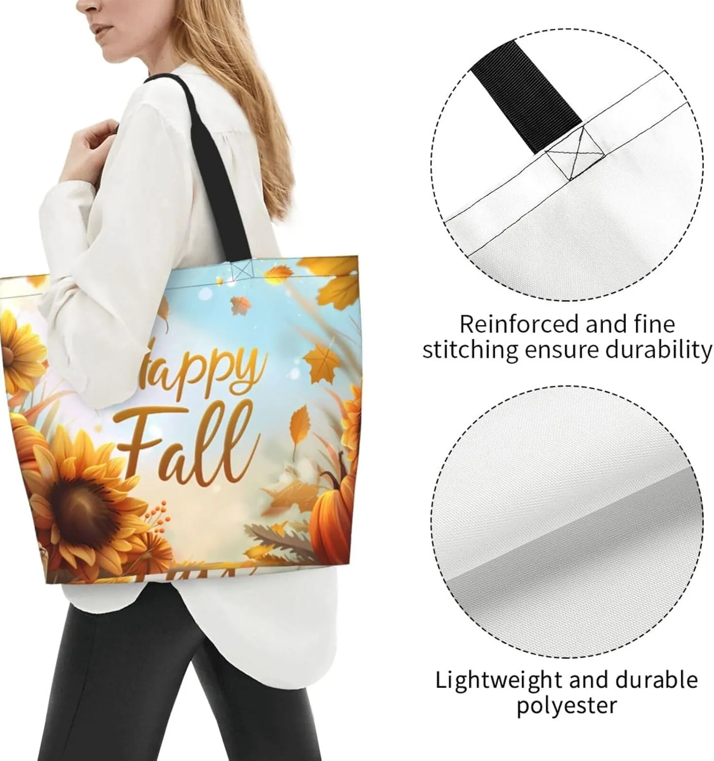 Fall Large Tote Bag Maple Leaf Pumpkin Thanksgiving Day Reusable Shoulder Tote Travel Bags
