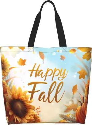 Fall Large Tote Bag Maple Leaf Pumpkin Thanksgiving Day Reusable Shoulder Tote Travel Bags