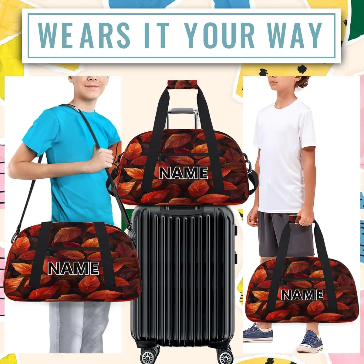 Fall Mini Gym Bag 18 inch for Women Men Waterproof Custom Autumn Leaves Travel Duffel Bag Carry On Overnight Tote Nurse Bag for Work Fitness Hiking