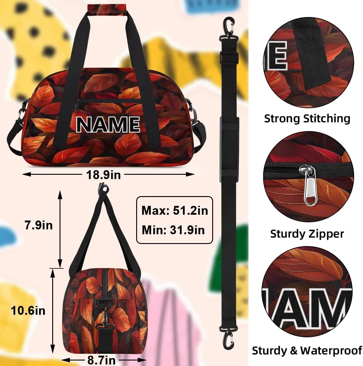 Fall Mini Gym Bag 18 inch for Women Men Waterproof Custom Autumn Leaves Travel Duffel Bag Carry On Overnight Tote Nurse Bag for Work Fitness Hiking