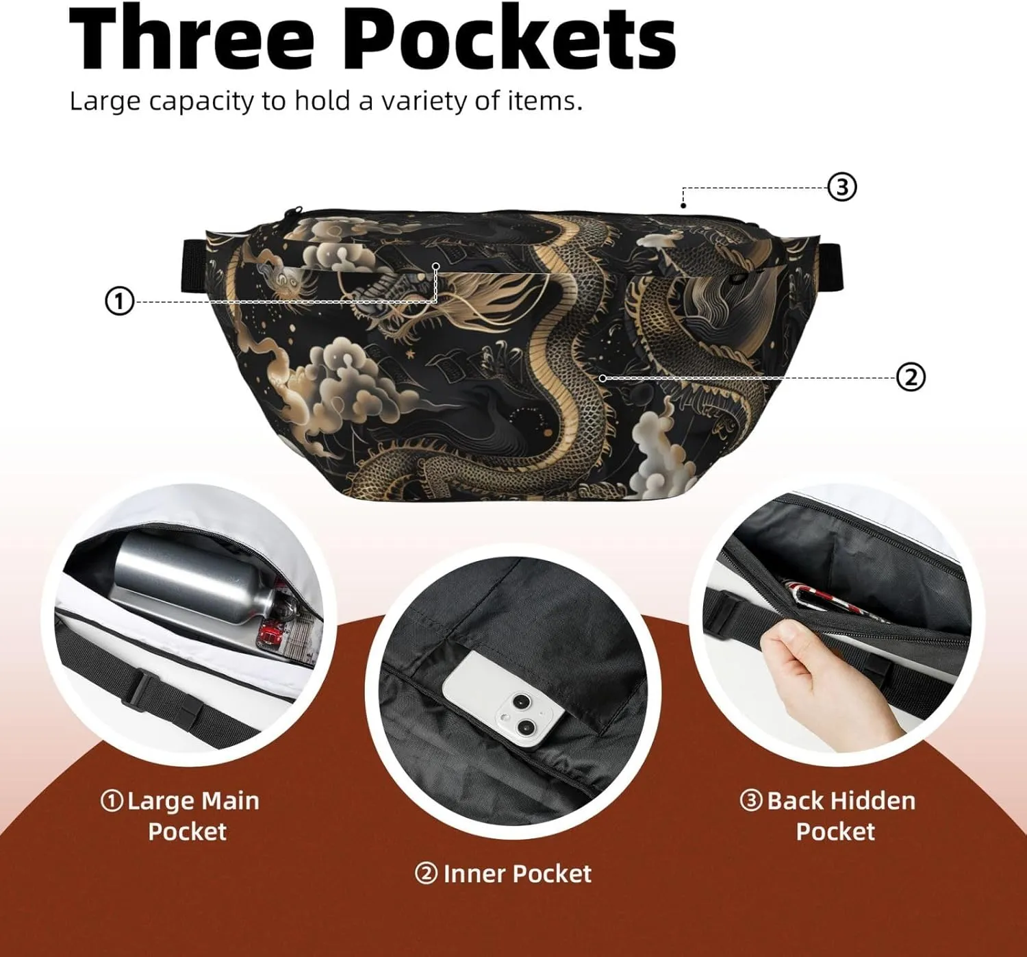 Fanny Pack for Men Women Black Chinese Dragon Belt Bag with Adjustable Strap Fashion Waist Bag Waist Pack for Travel