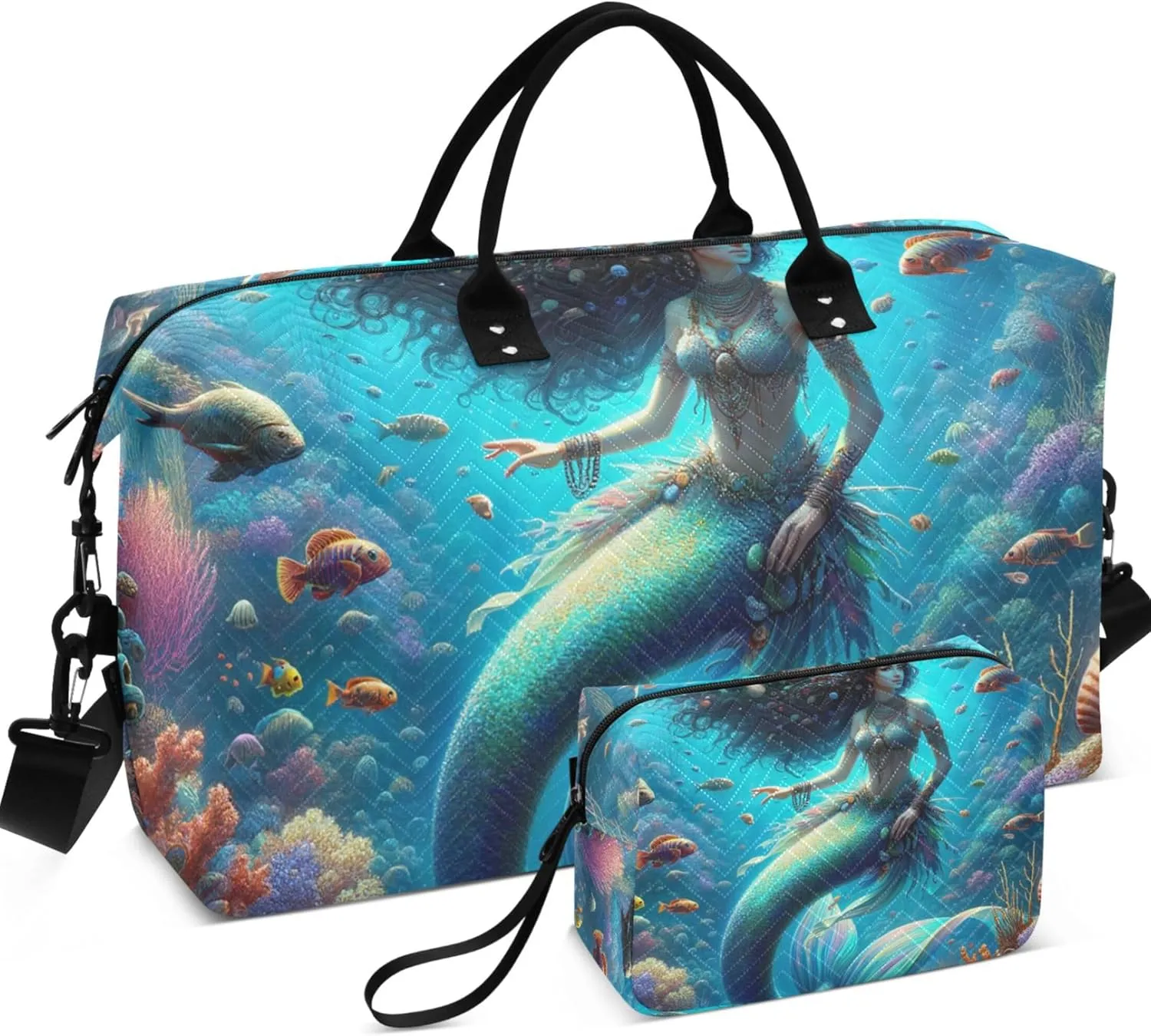 Fantasy Mermaid under Sea Travel Duffel Bags Toiletry Pouches Set of 2, Print Women Sports Bag Traveling Bag