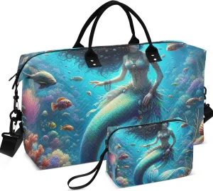 Fantasy Mermaid under Sea Travel Duffel Bags Toiletry Pouches Set of 2, Print Women Sports Bag Traveling Bag