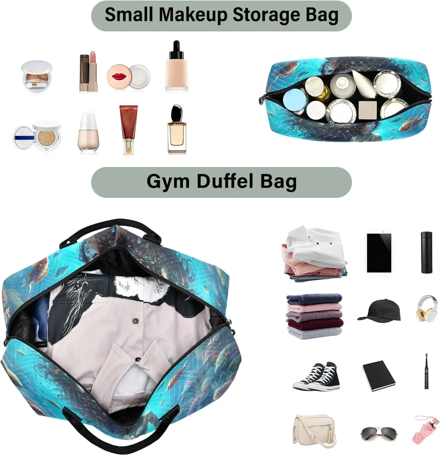 Fantasy Mermaid under Sea Travel Duffel Bags Toiletry Pouches Set of 2, Print Women Sports Bag Traveling Bag
