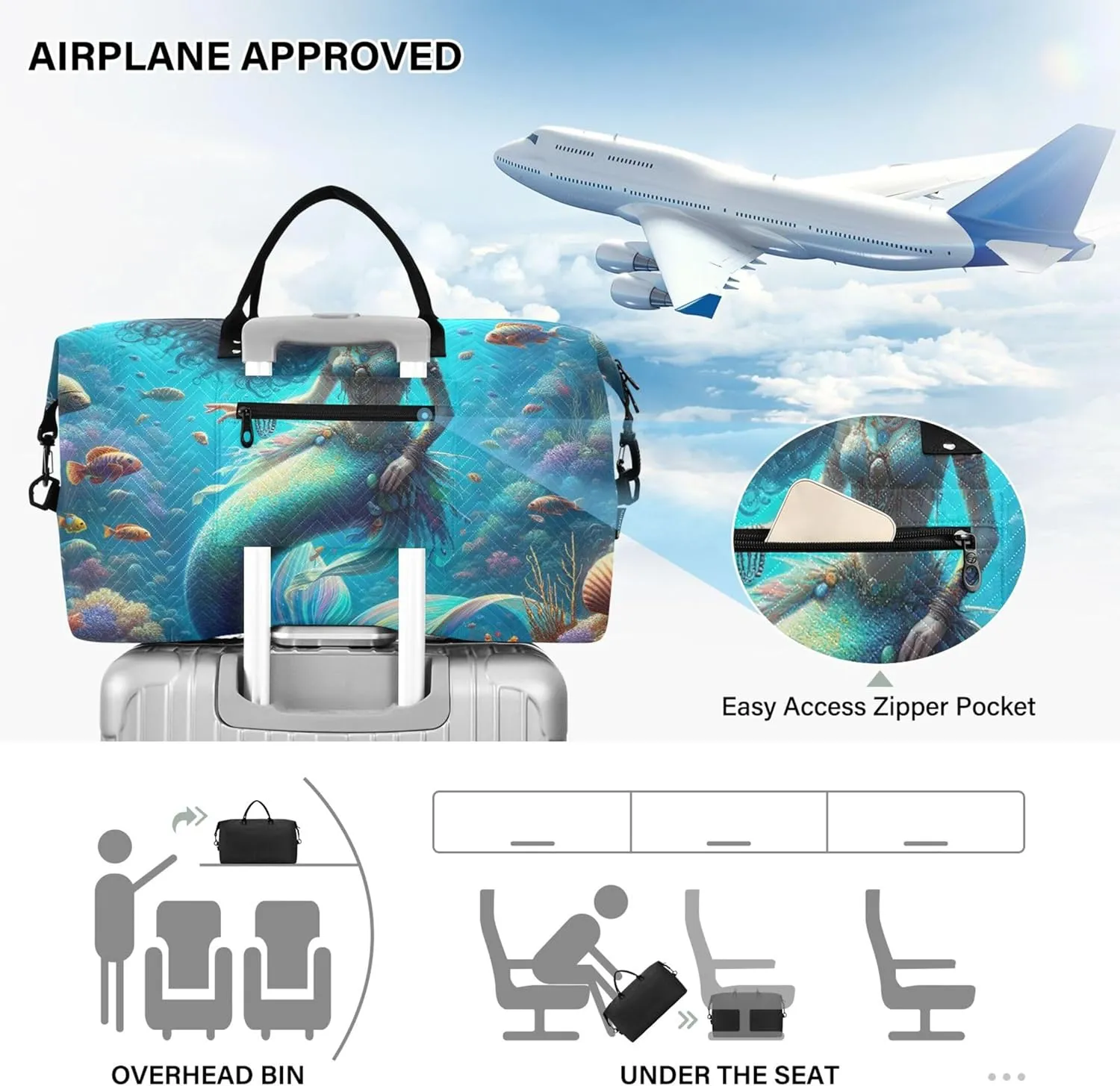 Fantasy Mermaid under Sea Travel Duffel Bags Toiletry Pouches Set of 2, Print Women Sports Bag Traveling Bag